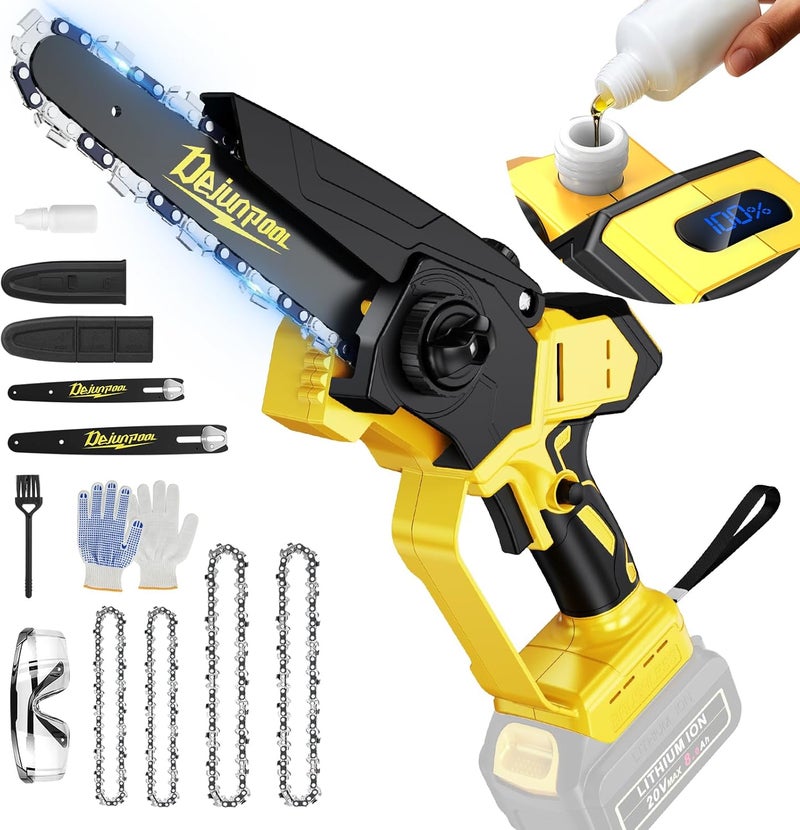 DEJUNPIOOL Cordless Mini Chainsaw Compatible with Dewalt 20V MAX Battery (NO Battery), 6 Inch & 8 Inch Small Electric Chainsaw Brushless, 2 x 6'' Chains + 2 x 8'' Chains, Auto Oiler, Handheld Pruning Chain Saw - Image 1